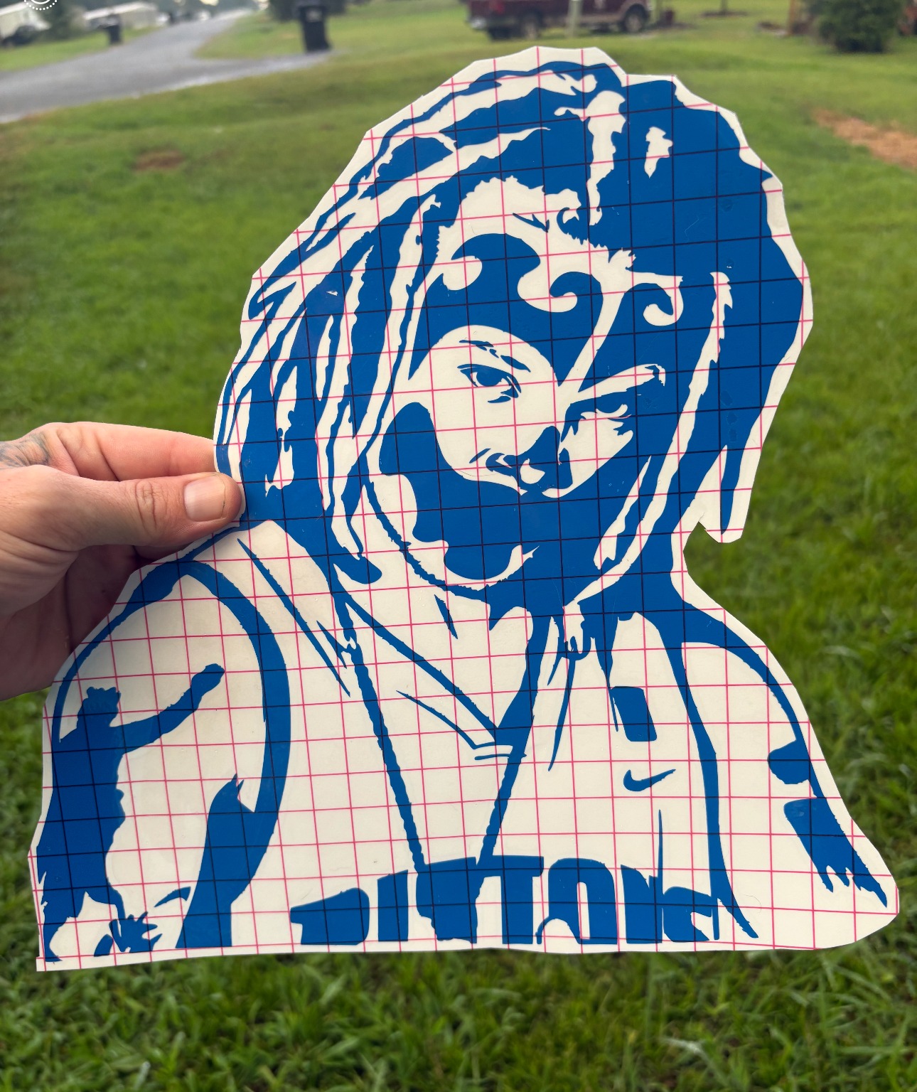 Large blue cut vinyl portrait artwork
