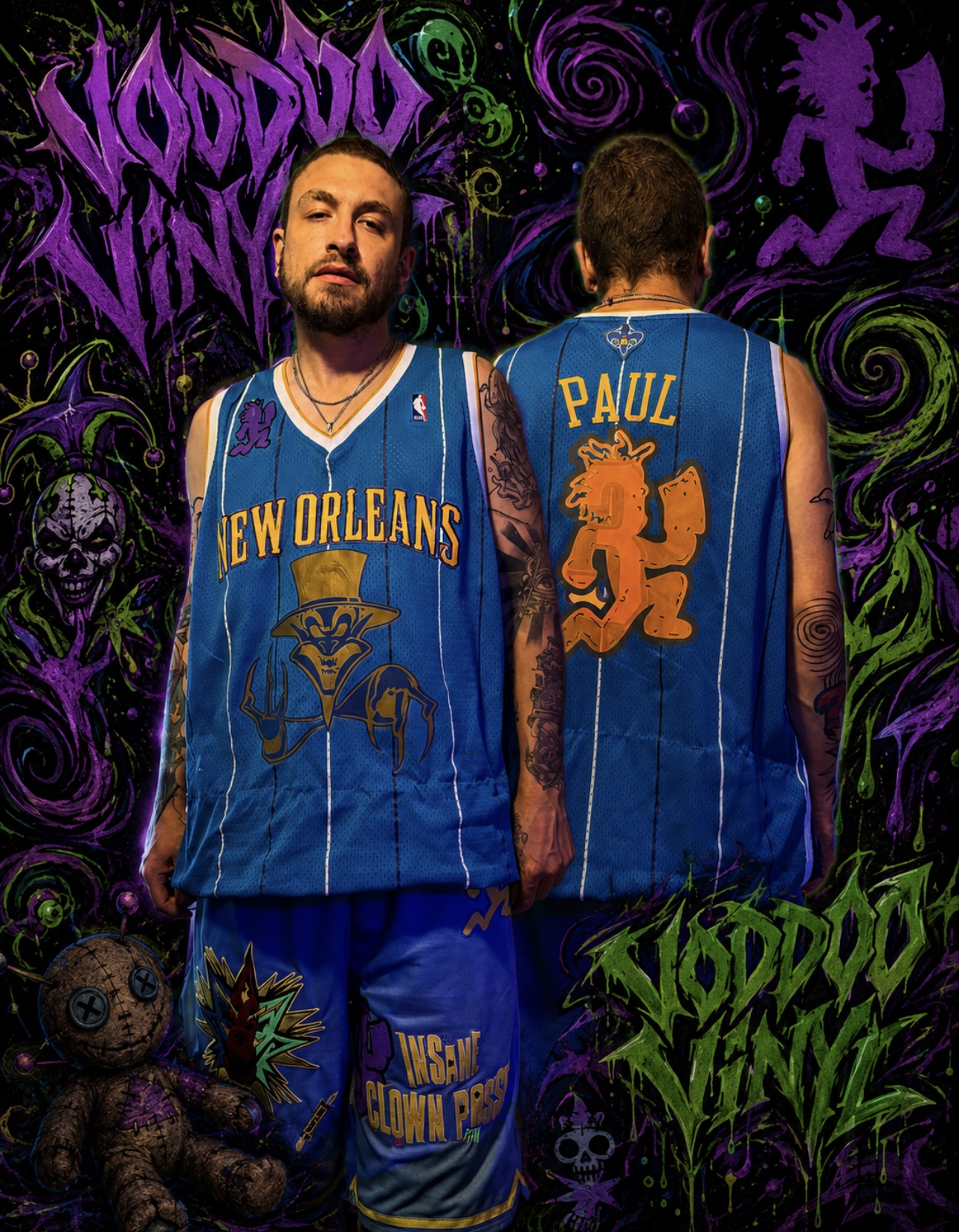 Voodoo Vinyl artist wearing a custom New Orleans jersey in front of a painted Voodoo Vinyl mural