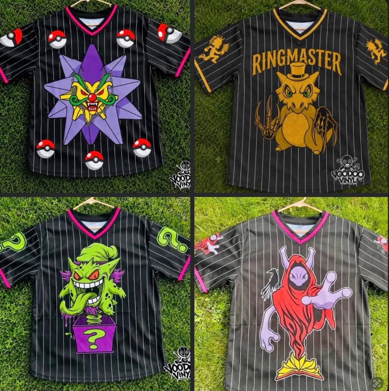 Four custom Voodoo Vinyl jerseys including card crossover, Ringmaster, Riddle Box, and hooded raven designs