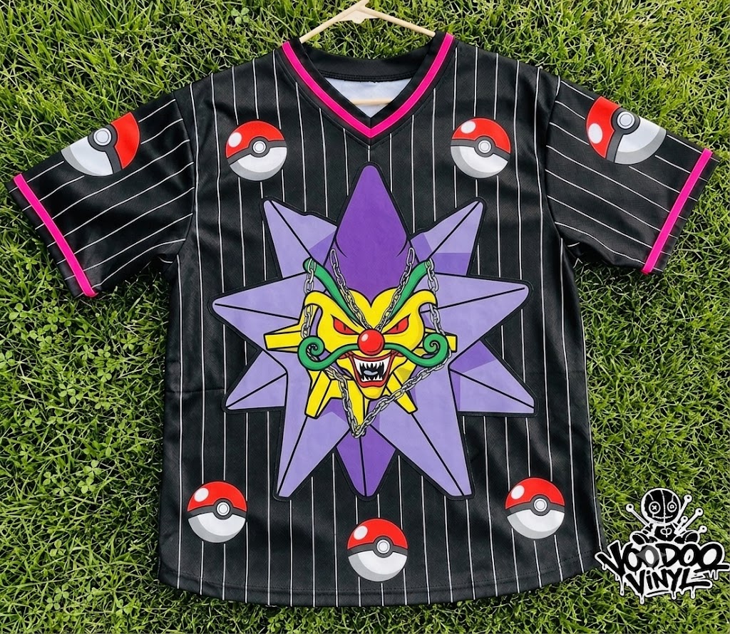 Black pinstripe jersey featuring a purple star and sinister card-inspired character