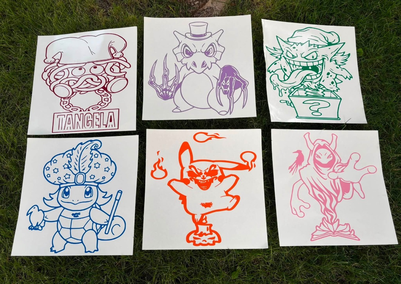 Six original Voodoo Vinyl line-art character designs displayed on white sheets